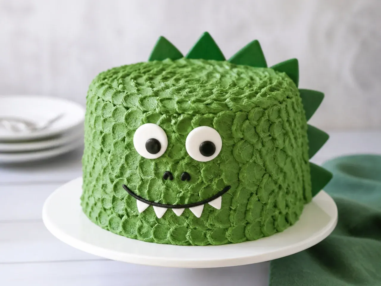 Textured green buttercream dinosaur skin cake with candy eyes and piped smile