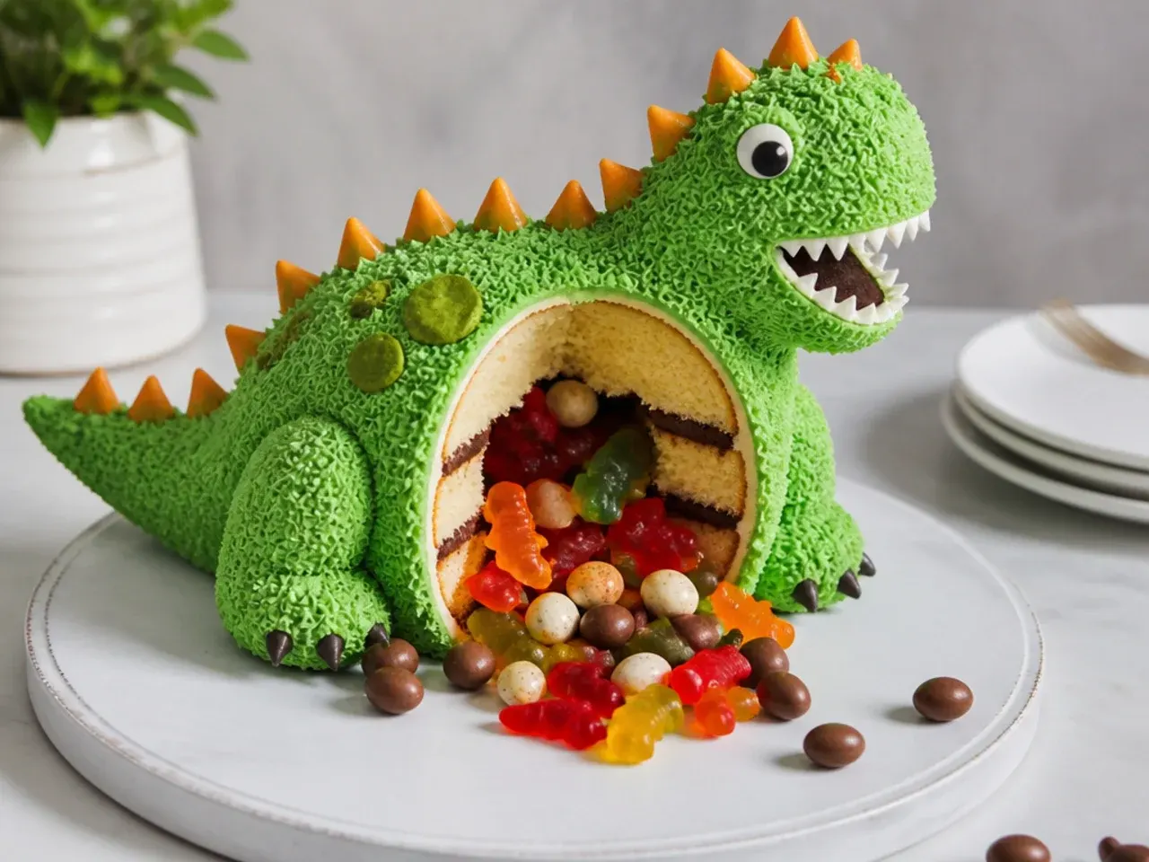 Dinosaur pinata cake sliced open with dino gummies and chocolate eggs spilling out
