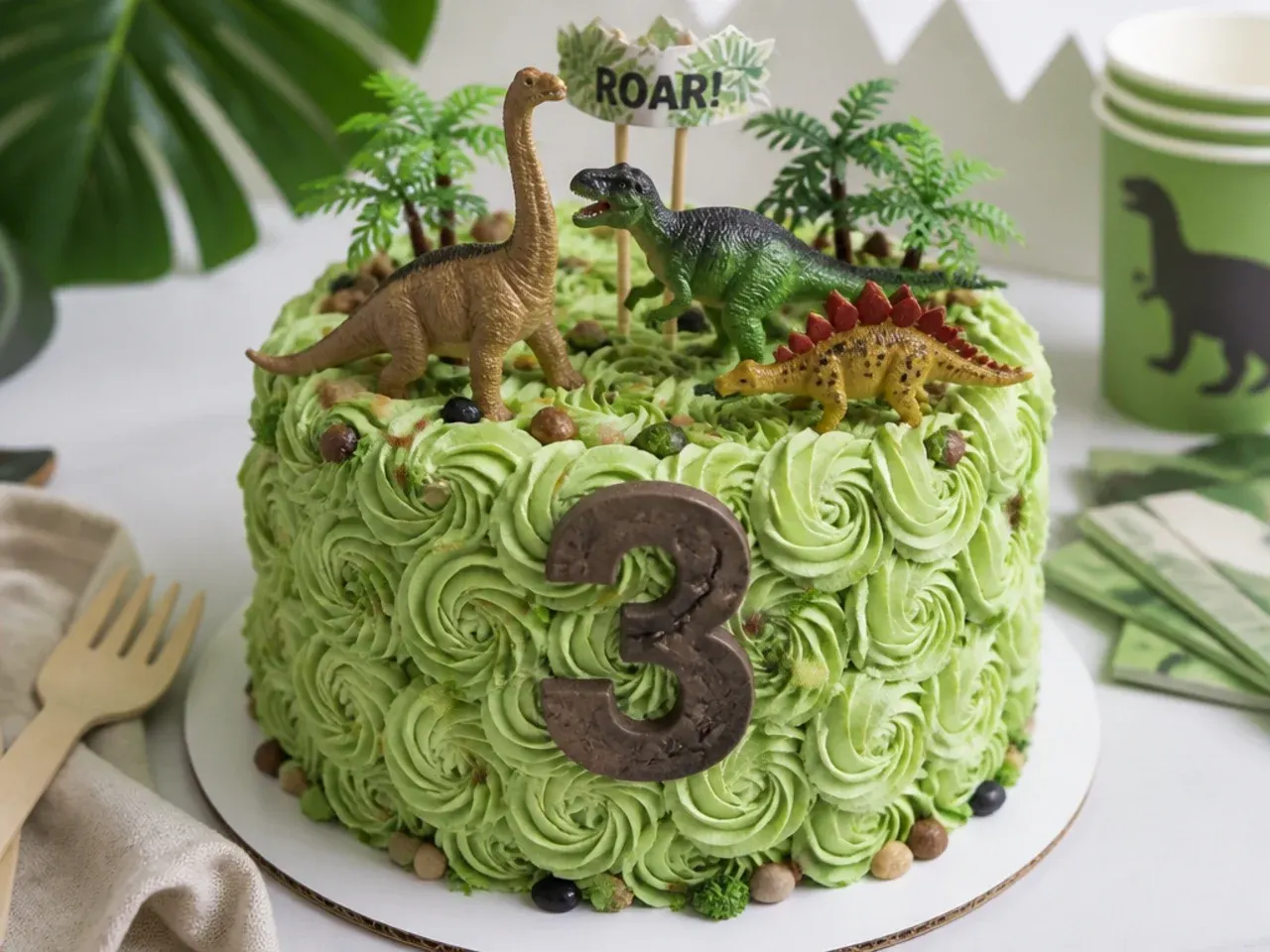 Number three dinosaur cake idea with piped buttercream swirls and mini dino toppers