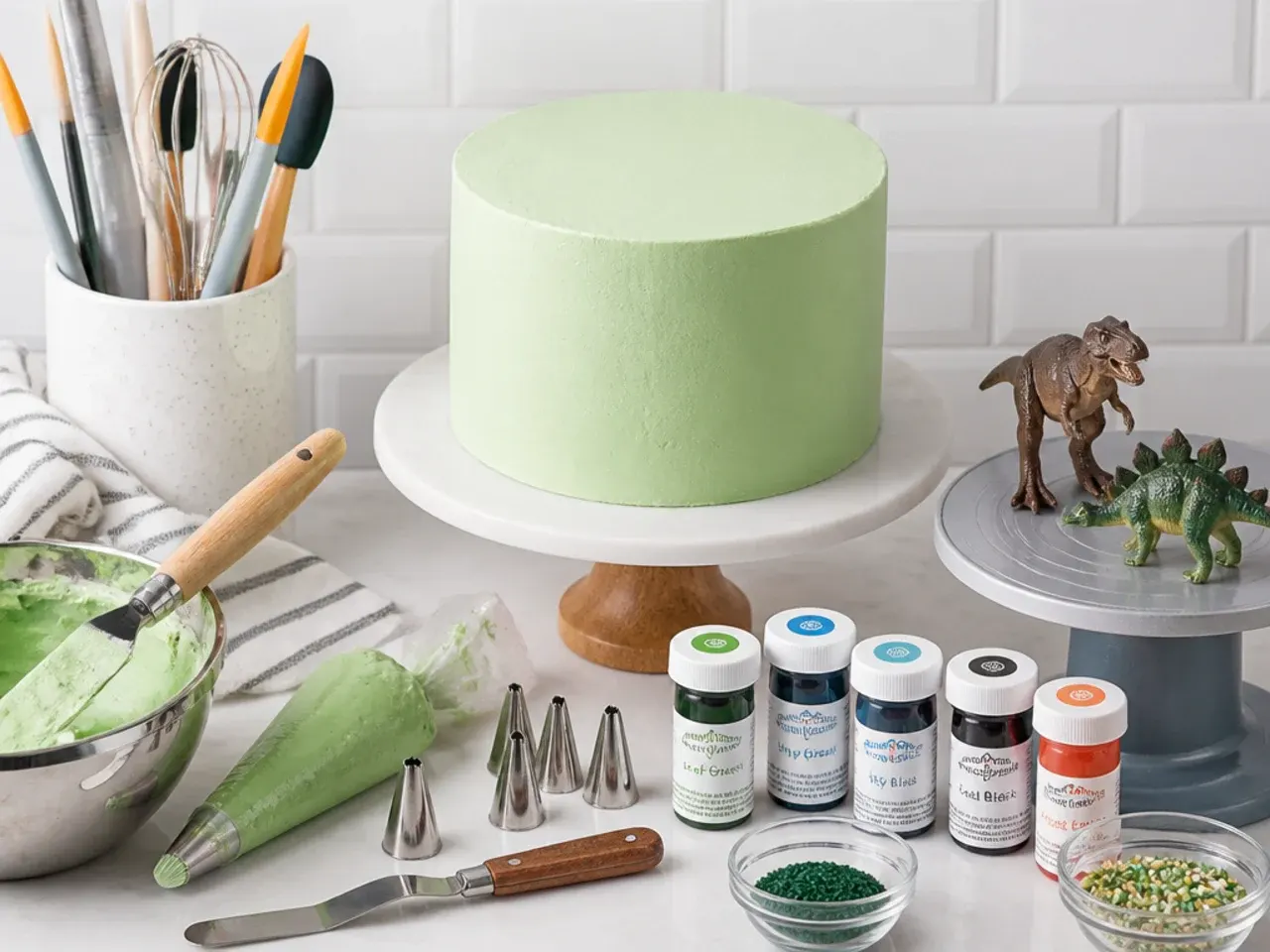 Home baker tools and gel colours laid out for decorating dinosaur cake designs