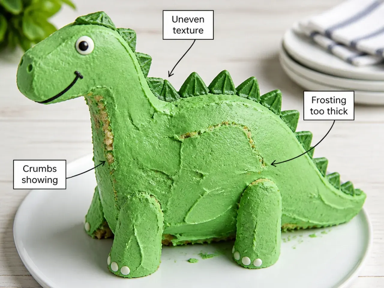 Decorating a green dinosaur birthday cake showing common frosting mistakes to avoid