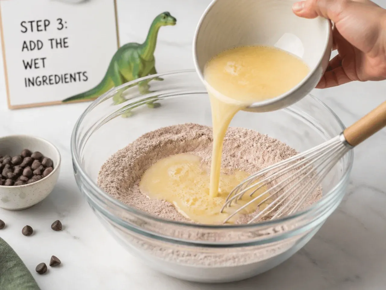 dinosaur cake topper — step 3: add the wet ingredients