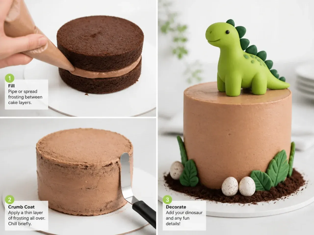 dinosaur cake topper — step 7: fill, crumb coat, and decorate