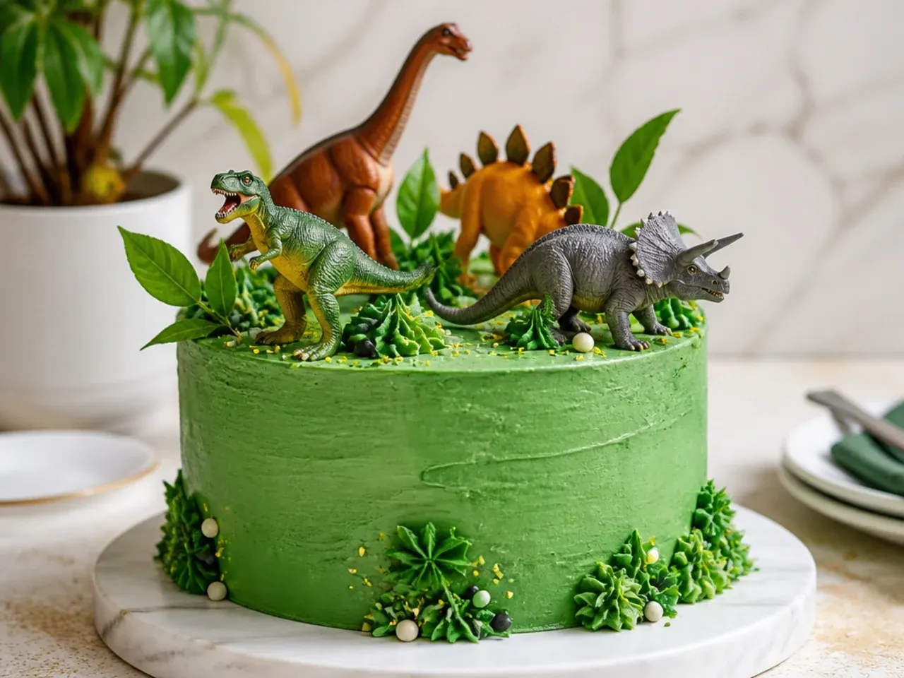 Classic dinosaur cake topper made from washed toy figurines on a green buttercream cake