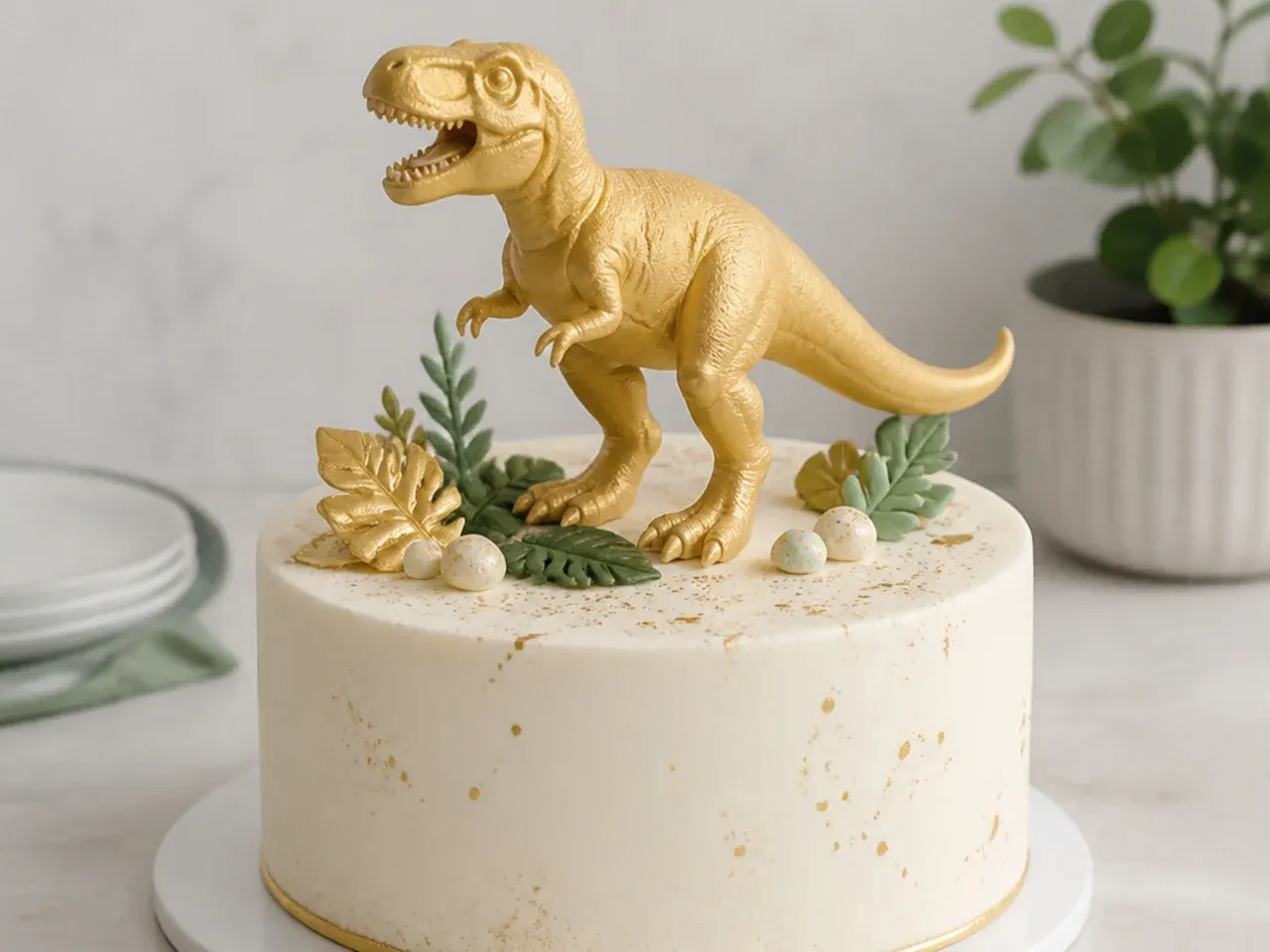 Elegant gold-brushed fondant dinosaur cake topper on an ivory cake