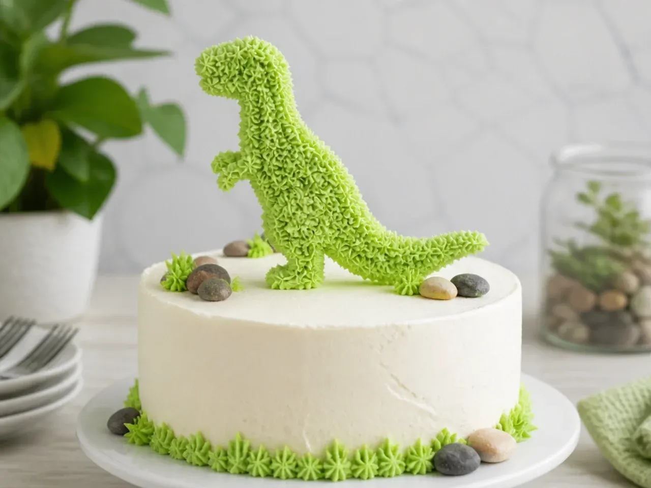 Playful buttercream dinosaur silhouette cake topper piped in green