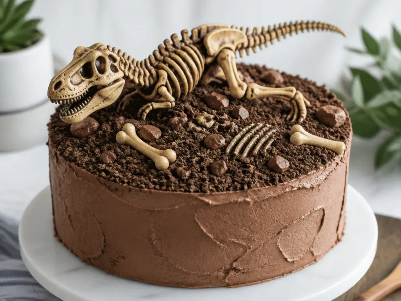 Rustic fossil dig-site dinosaur cake topper with cookie-crumb dirt and edible bones