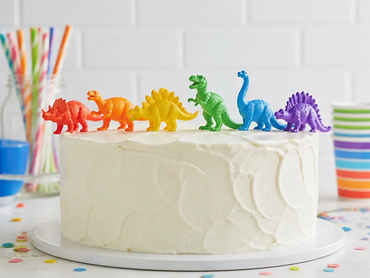 Colorful rainbow herd dinosaur cake topper walking across a white cake