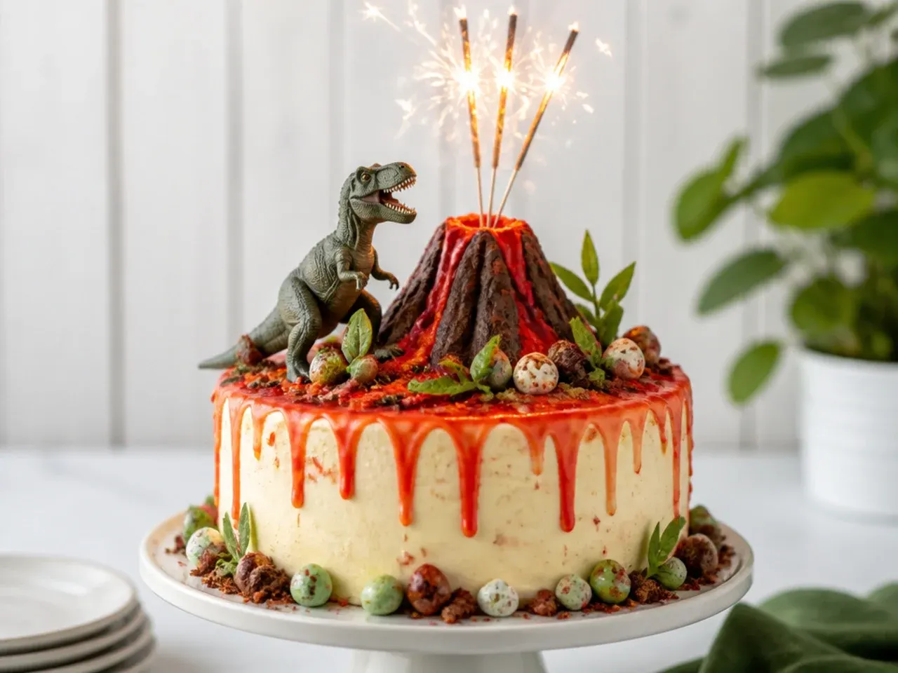 Festive candy volcano dinosaur cake topper with lava drip and sparkler