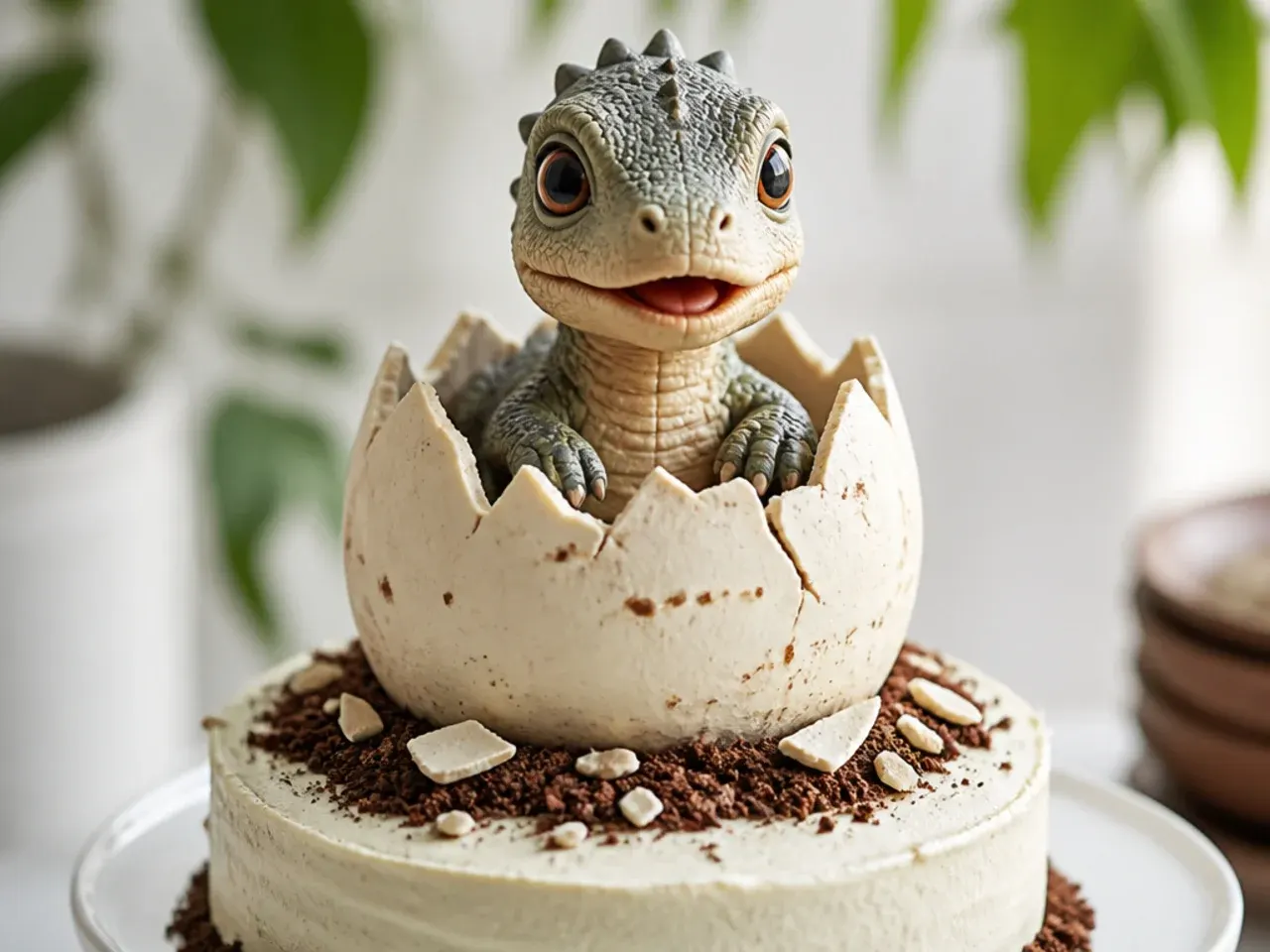 Whimsical hatching egg dinosaur cake topper with a baby dino peeking out