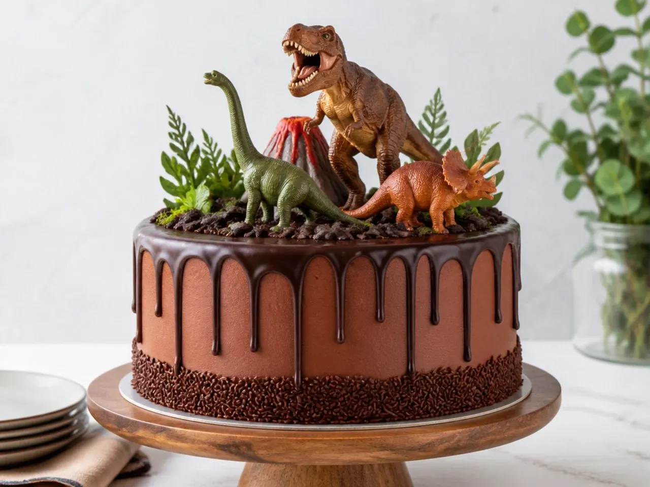 Bold chocolate ganache drip cake with dinosaur toppers on top