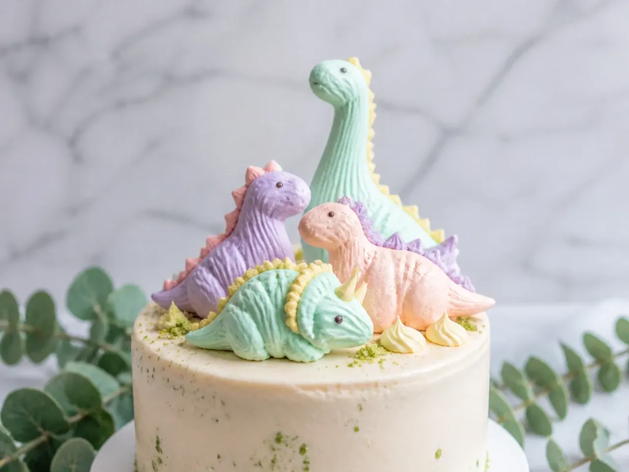 Delicate piped meringue dinosaur cake toppers in soft pastels