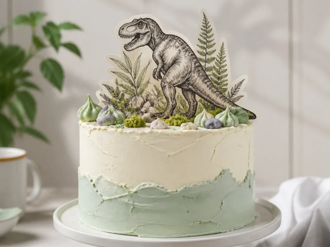 Vintage naturalist sketch dinosaur cake topper on edible wafer paper