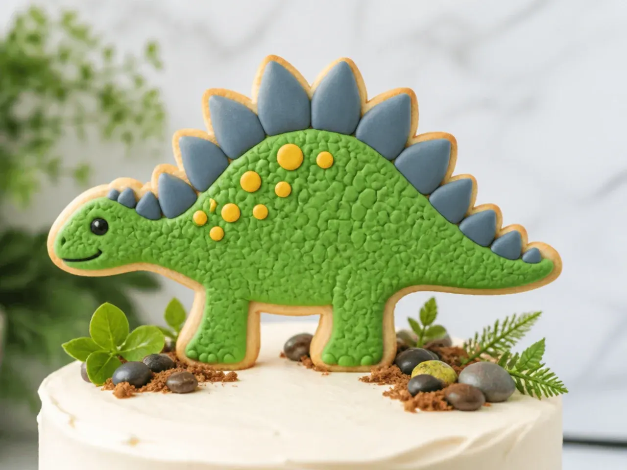 Creative decorated sugar cookie stegosaurus dinosaur cake topper