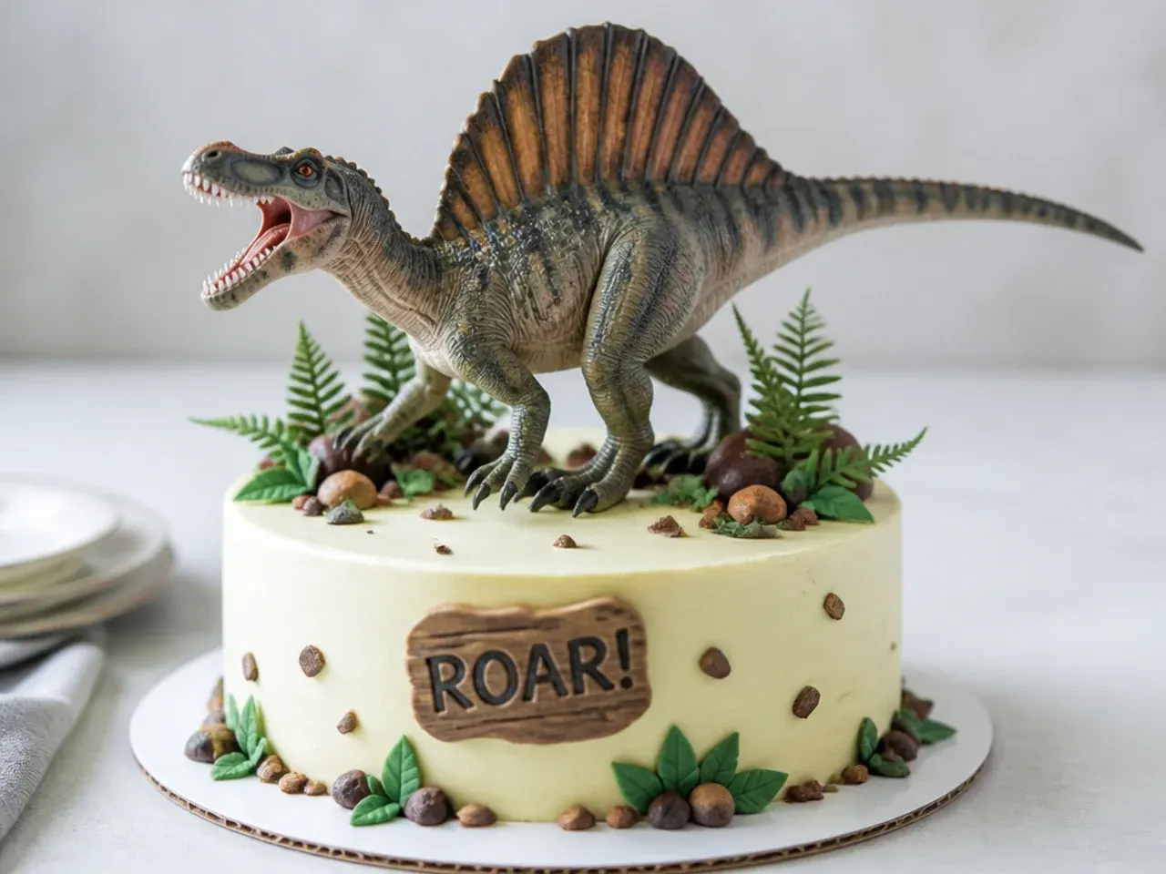 Classic spiky sail-back spinosaurus fondant dinosaur cake topper