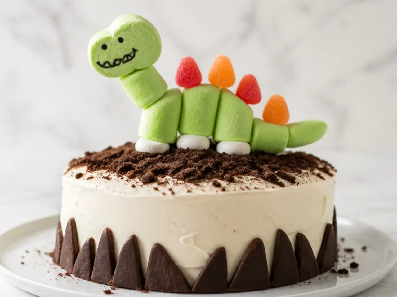 Easy candy and marshmallow dinosaur cake topper built by kids