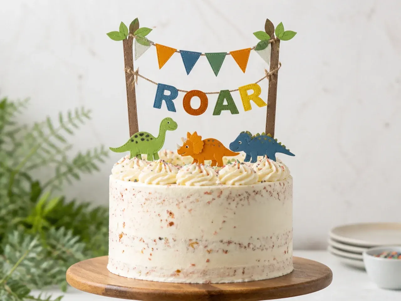 Playful dino name banner cake topper with bunting flags and dinosaurs