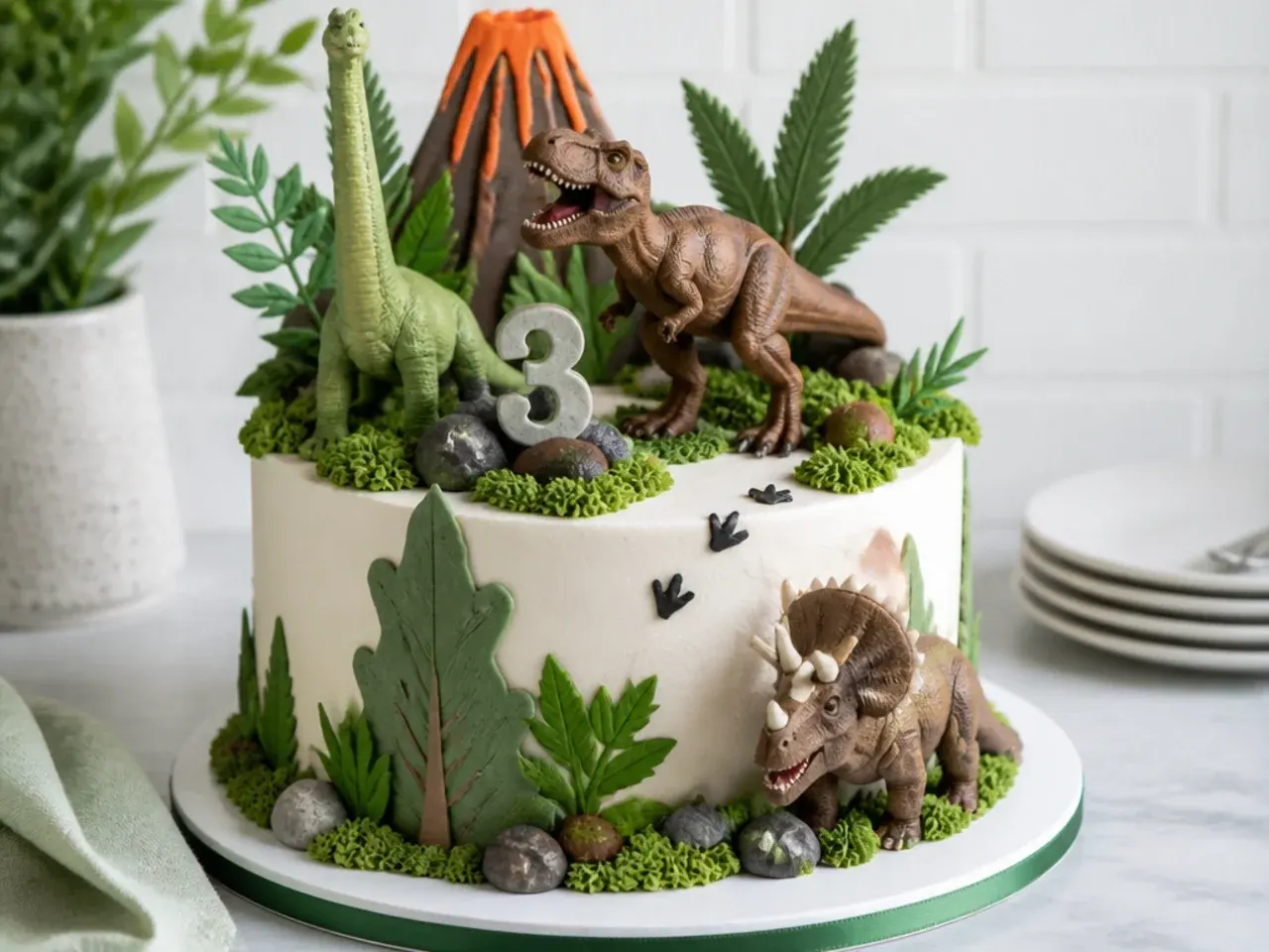 Modern jungle scene dinosaur cake topper with palms, grass, and dinos