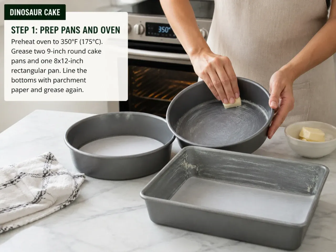 dinosaur cake vs store bought — step 1: prep pans and oven