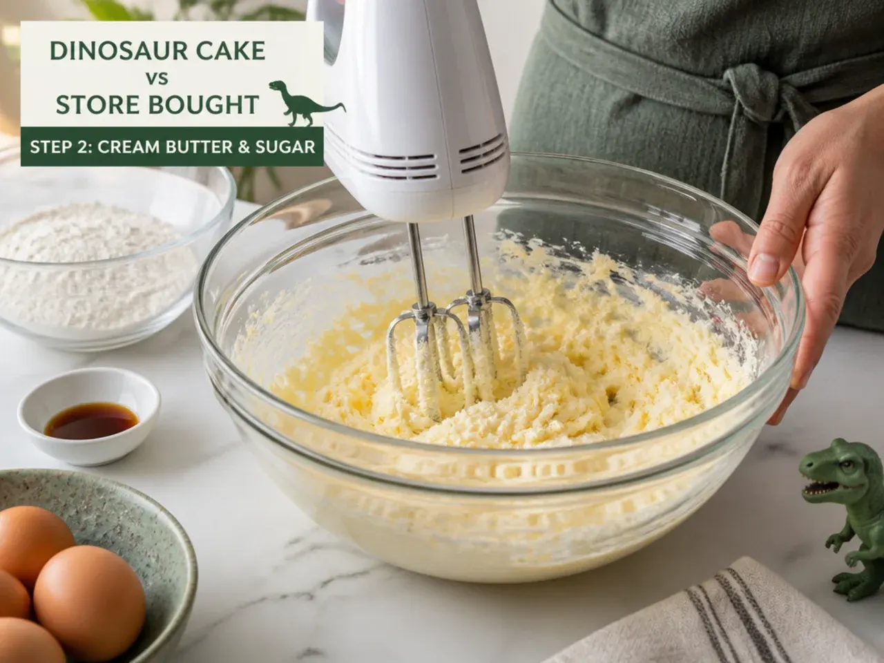 dinosaur cake vs store bought — step 2: cream butter and sugar