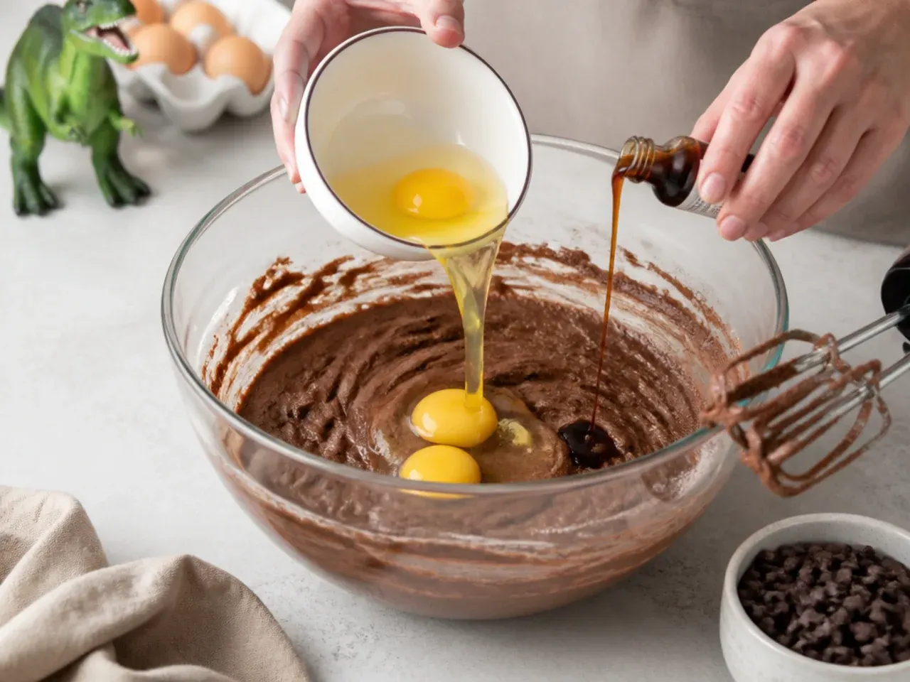 dinosaur cake vs store bought — step 3: add eggs and vanilla