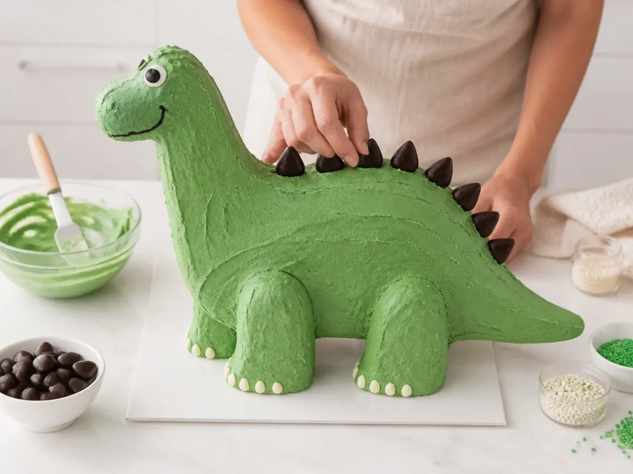 dinosaur cake vs store bought — step 7: stack, coat, and decorate as a dinosaur