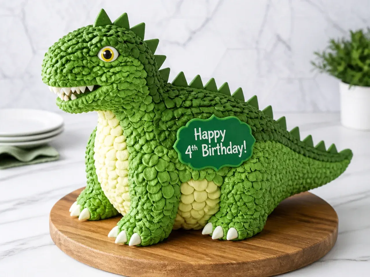 Homemade dinosaur birthday cake with green buttercream scales and spikes on a wooden board