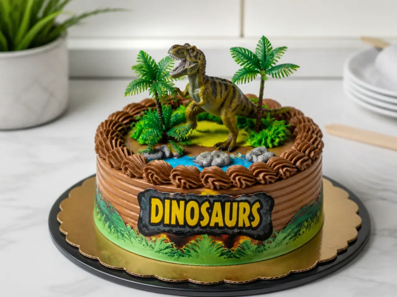 Store bought dinosaur cake with a plastic dinosaur topper on a supermarket cake board
