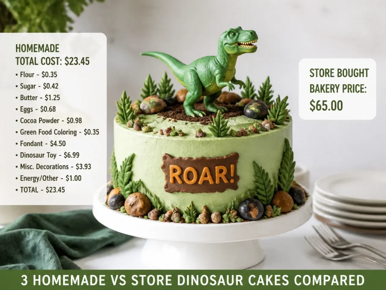 Dinosaur cake cost comparison showing homemade ingredients versus a store bought bakery price tag