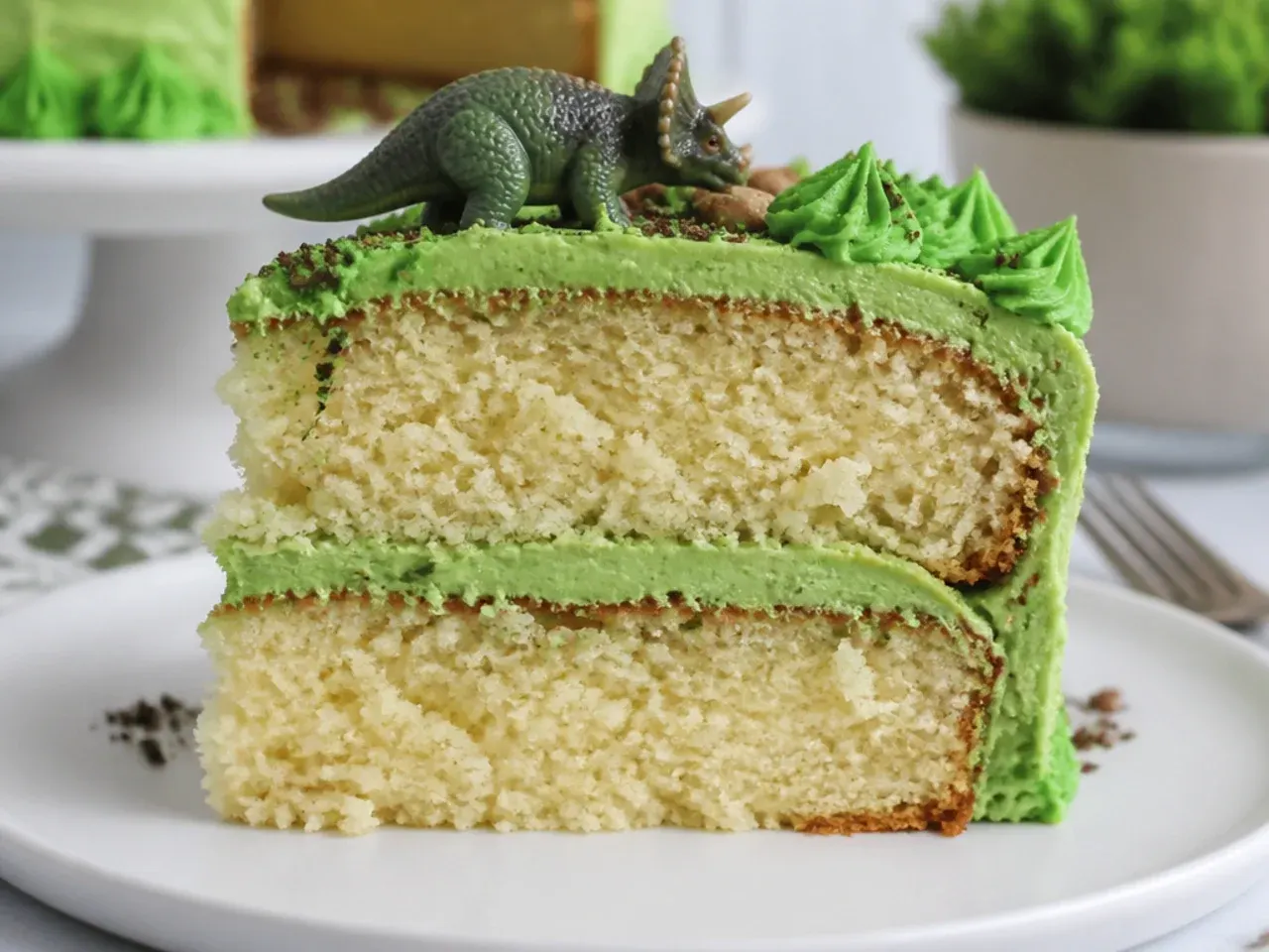 Cross section of a moist homemade dinosaur cake showing tender vanilla crumb and green buttercream