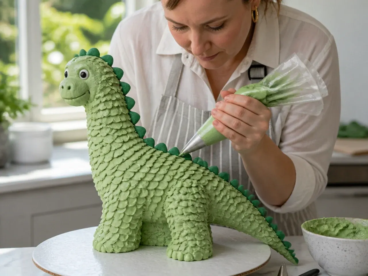 Baker piping green buttercream scales onto a homemade dinosaur cake, showing the time and effort involved