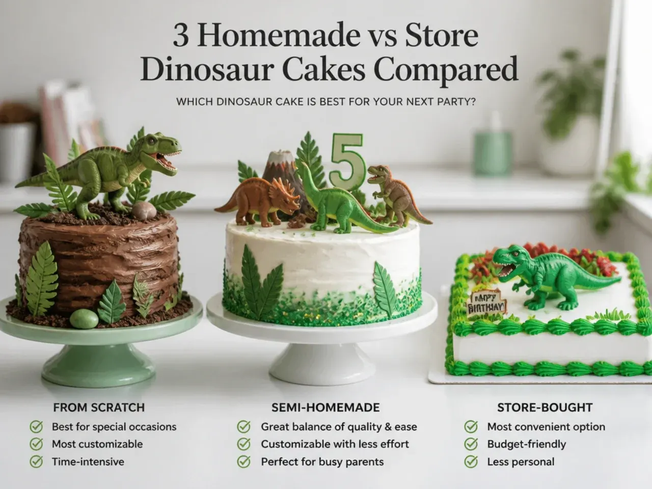 Three dinosaur cake options compared side by side to show the best choice by situation