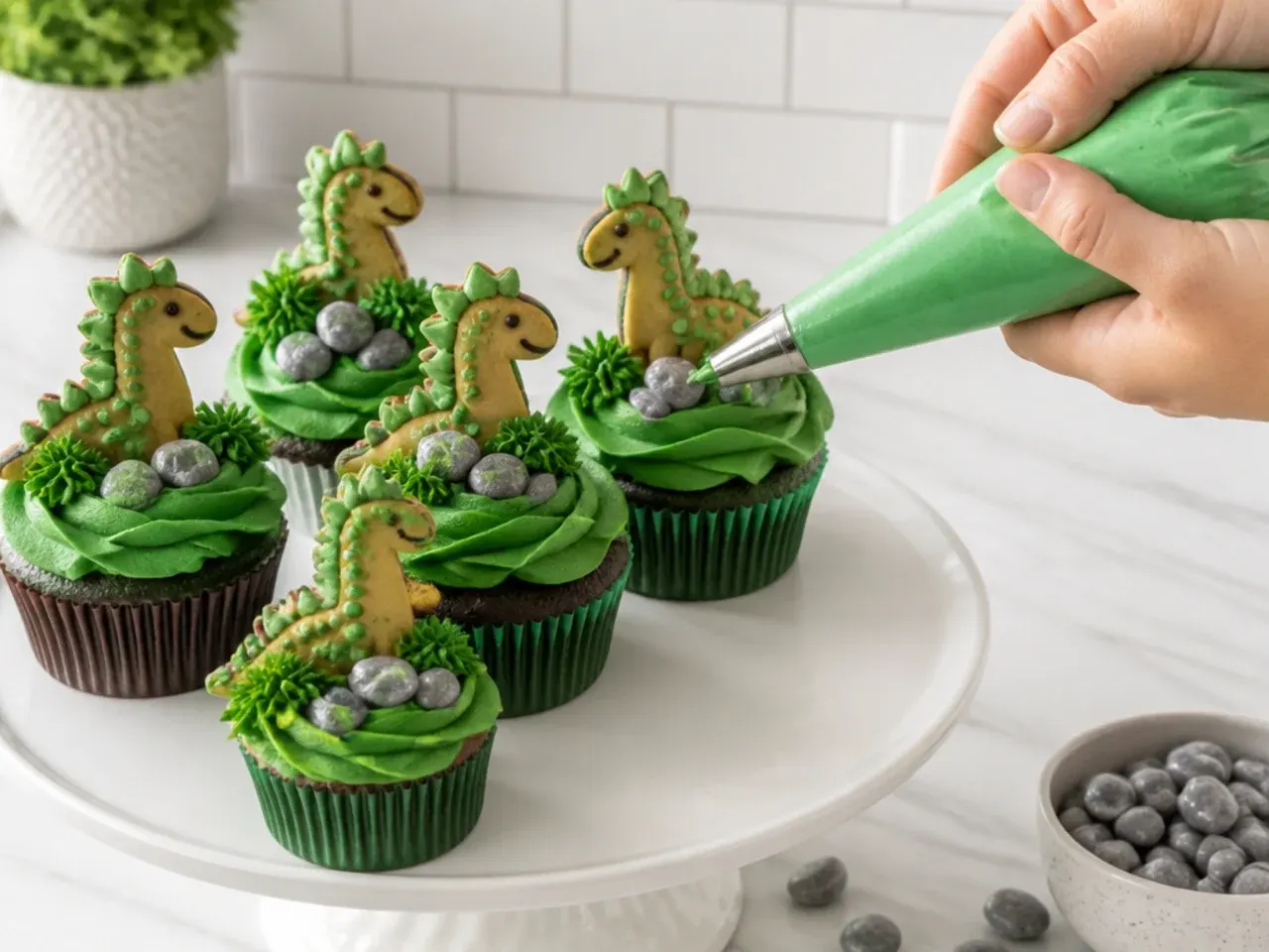 dinosaur cupcakes — step 7: pipe and decorate