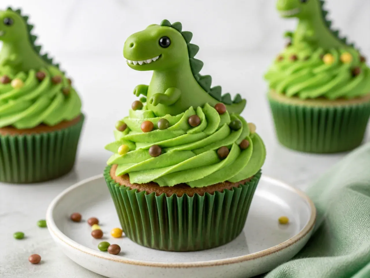 Green buttercream swirl dinosaur cupcakes piped with a 1M star tip