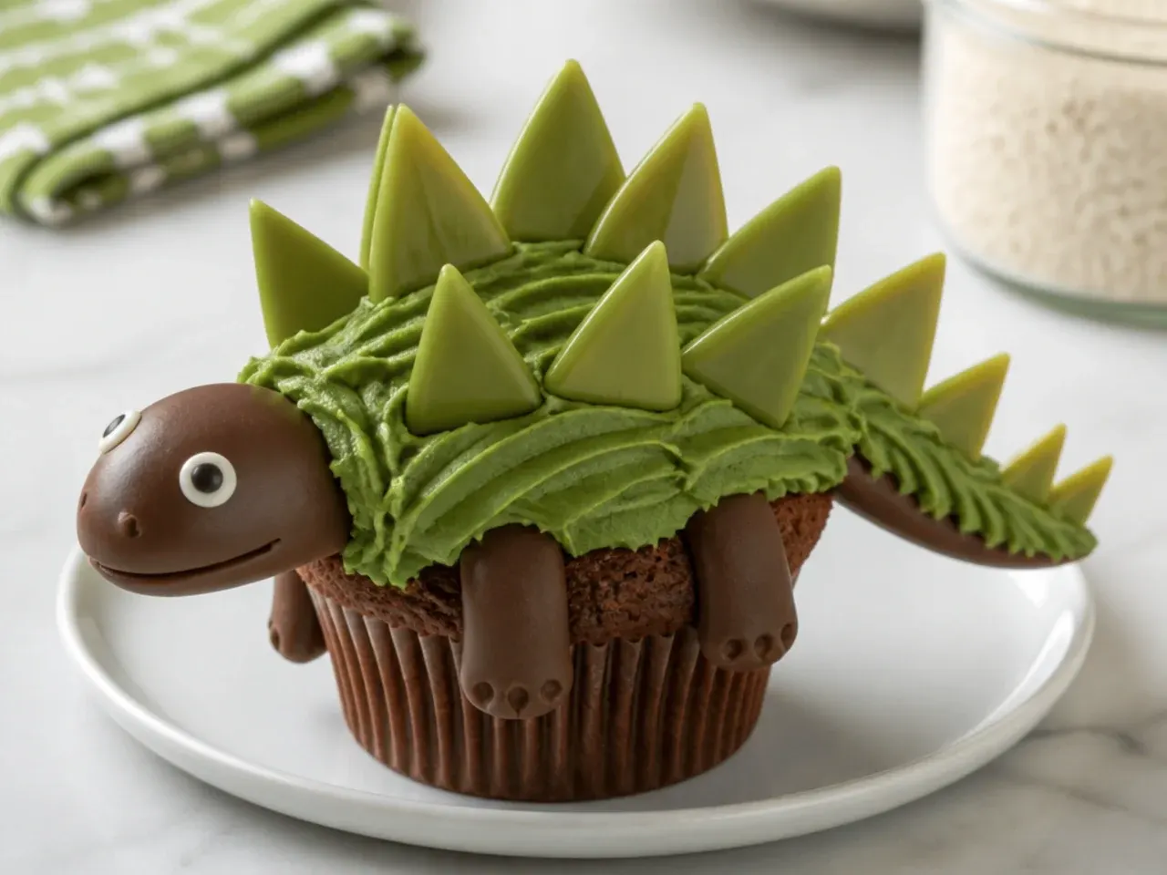 Stegosaurus dinosaur cupcakes topped with green candy-melt spikes