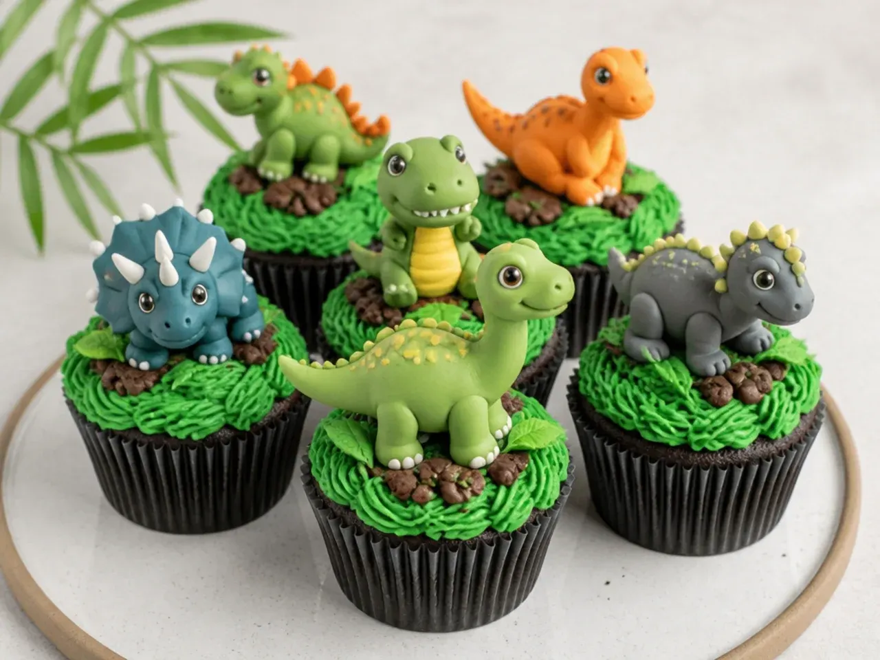 Fondant topper dinosaur cupcakes with sculpted green dino figures