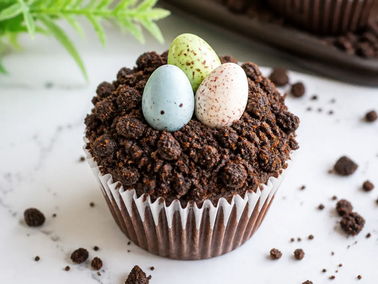 Dinosaur cupcakes topped with chocolate cookie dirt and speckled dino eggs