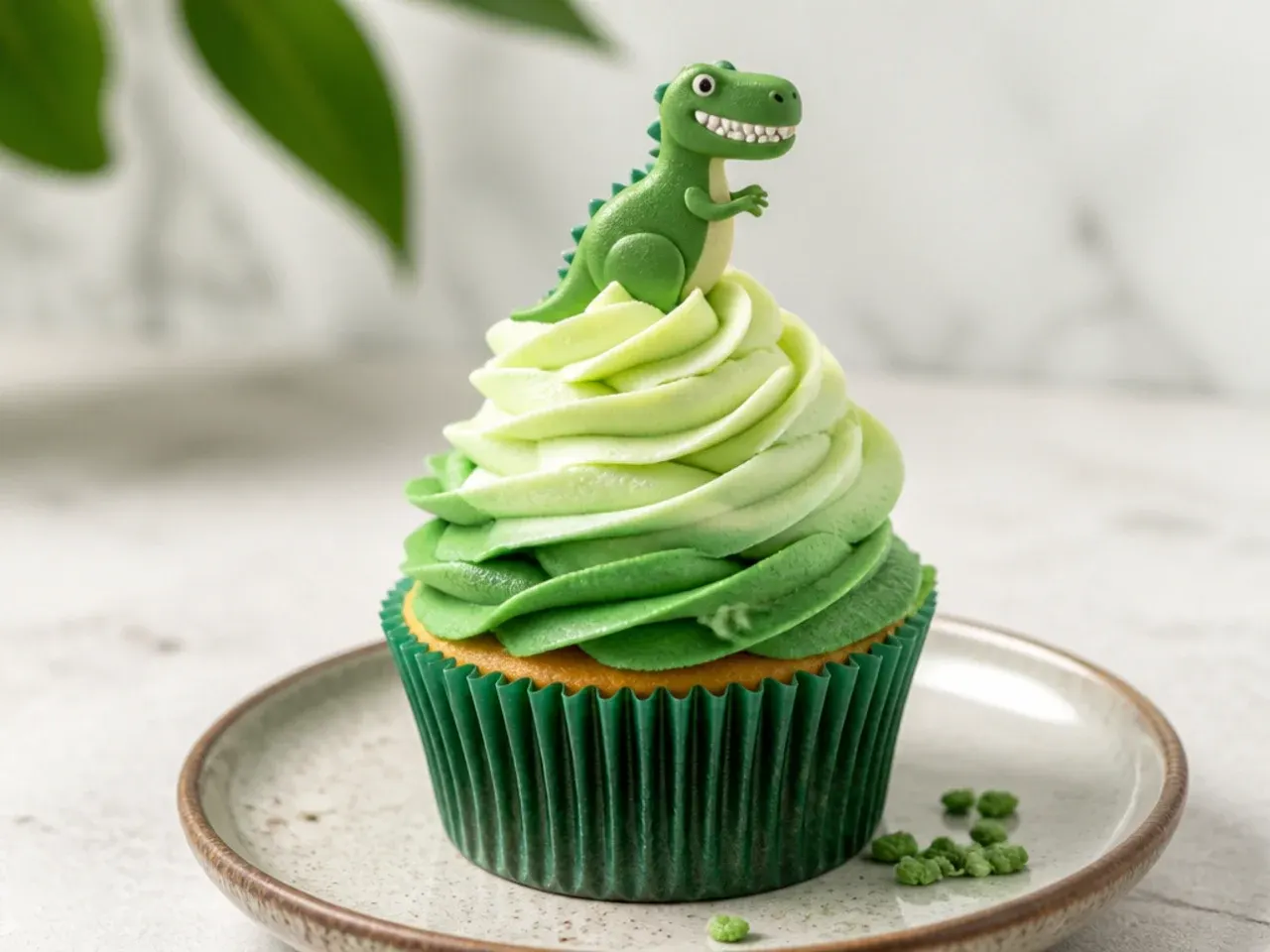 Ombre green dinosaur cupcakes with color-fading buttercream swirls