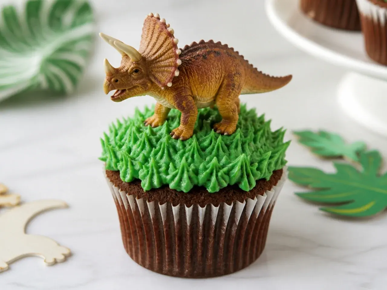 Easy dinosaur cupcakes topped with small toy dinosaur figures