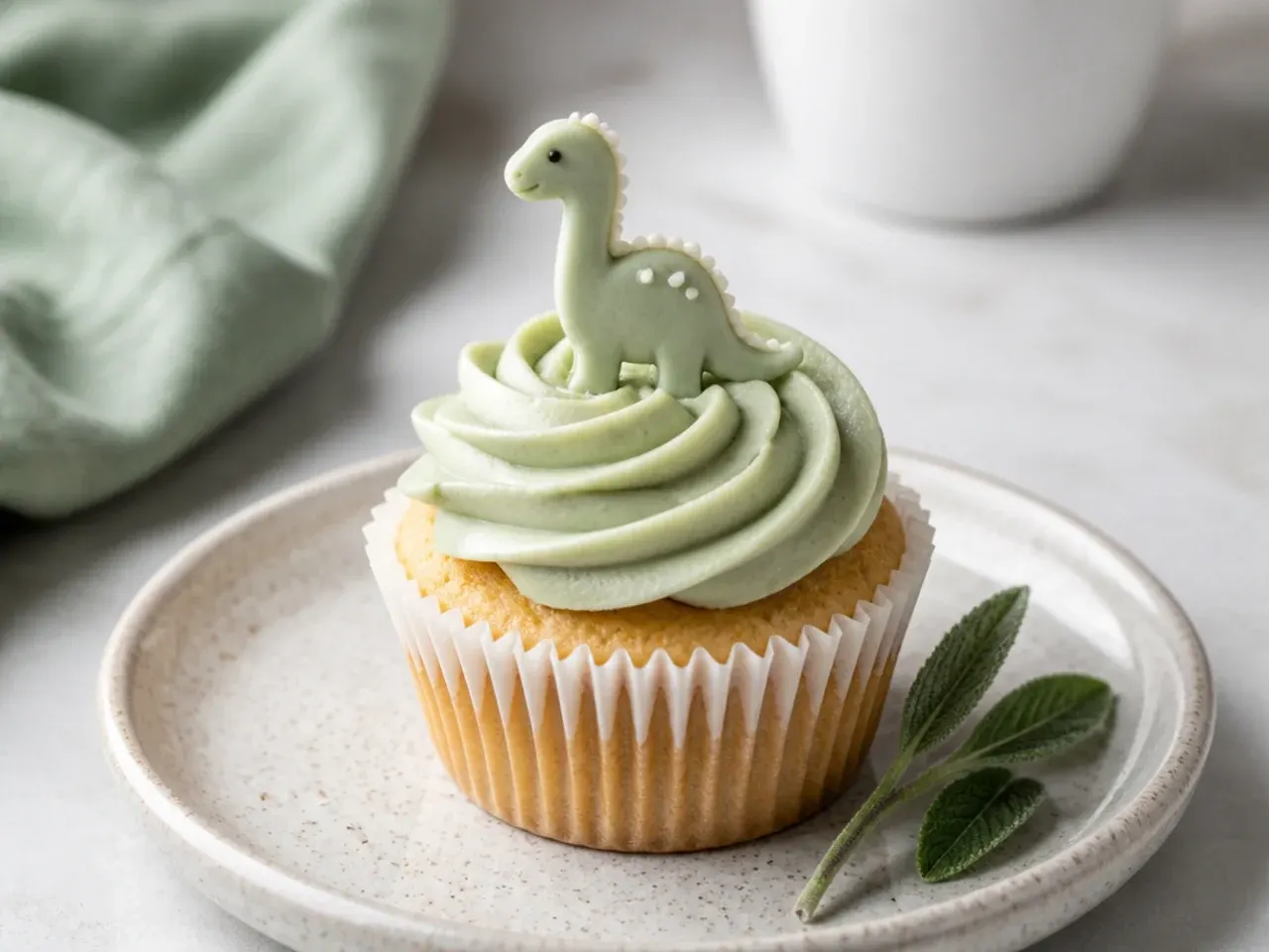 Minimal sage green dinosaur cupcakes with smooth frosting and one detail
