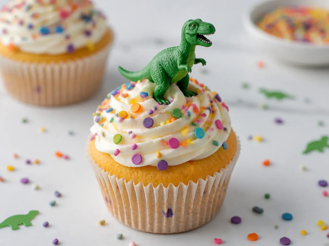 Festive confetti dinosaur cupcakes with rainbow sprinkles and dino quins