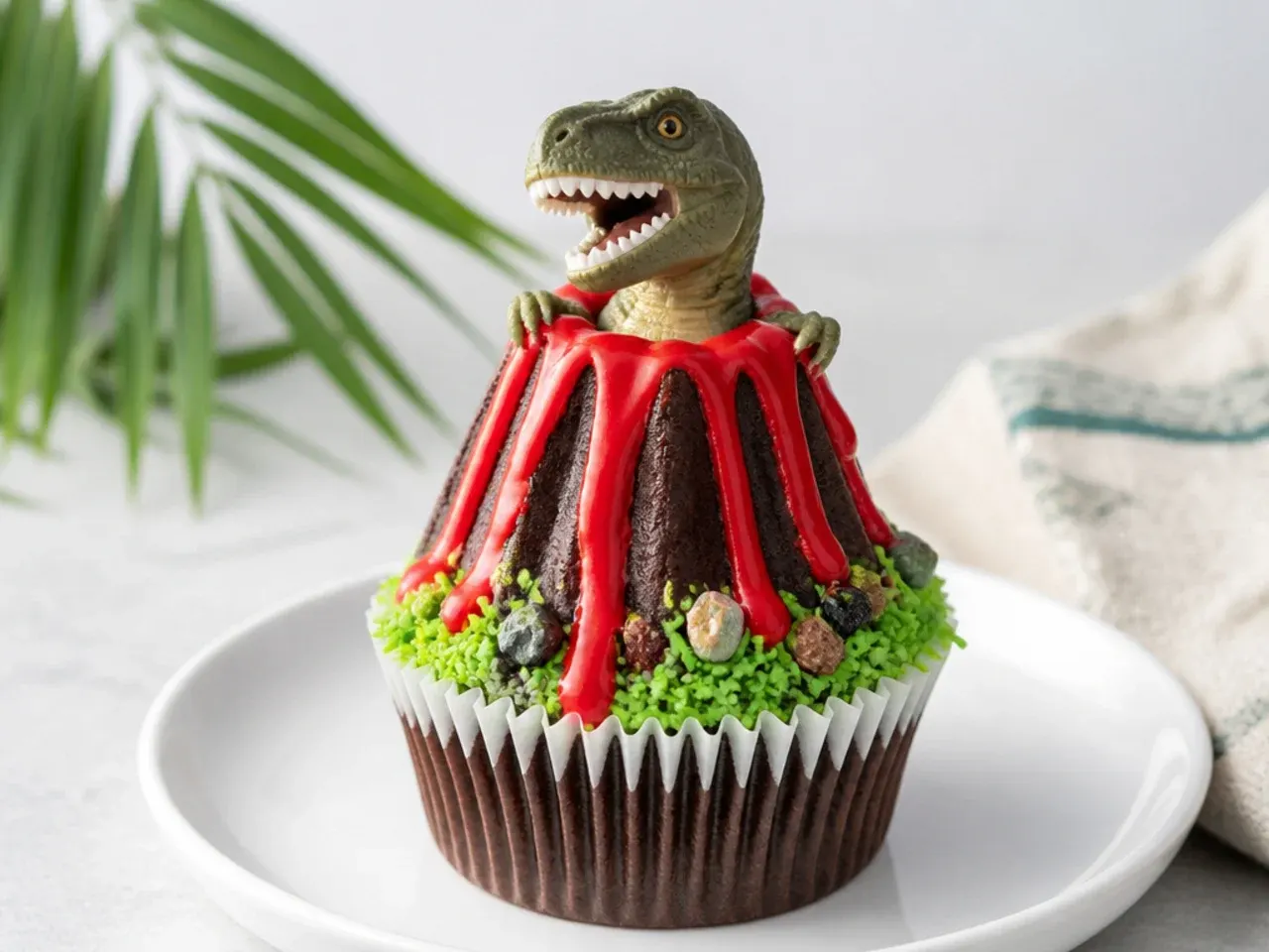 Whimsical volcano dinosaur cupcakes with red candy-melt lava dripping down
