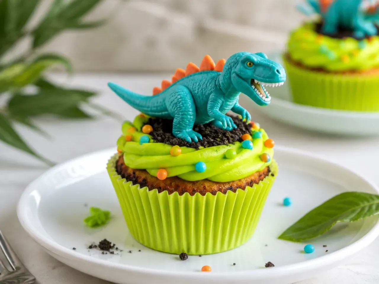 Bold neon dinosaur cupcakes in electric lime, orange and turquoise