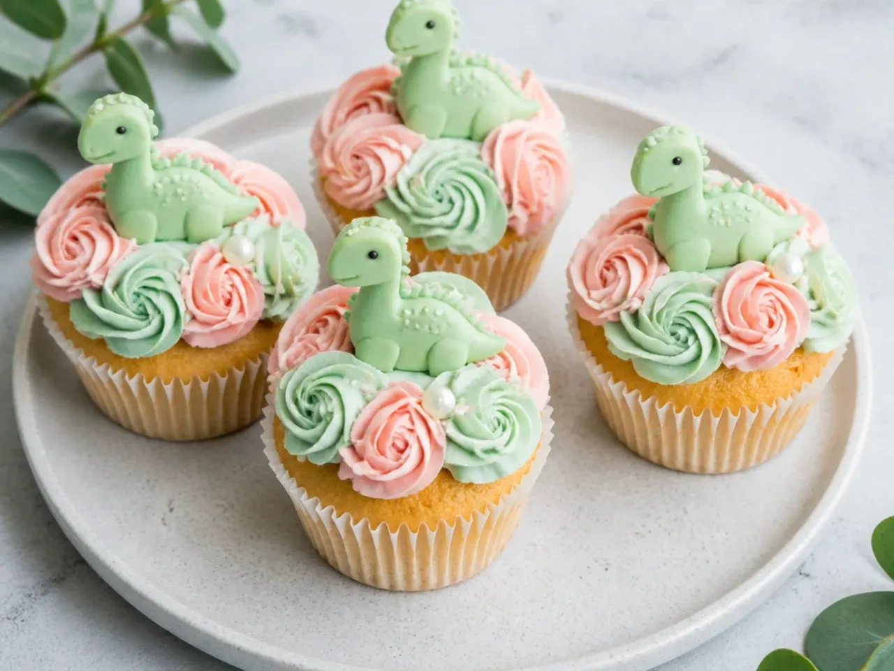 Delicate pastel dinosaur cupcakes with mint and blush rosette swirls