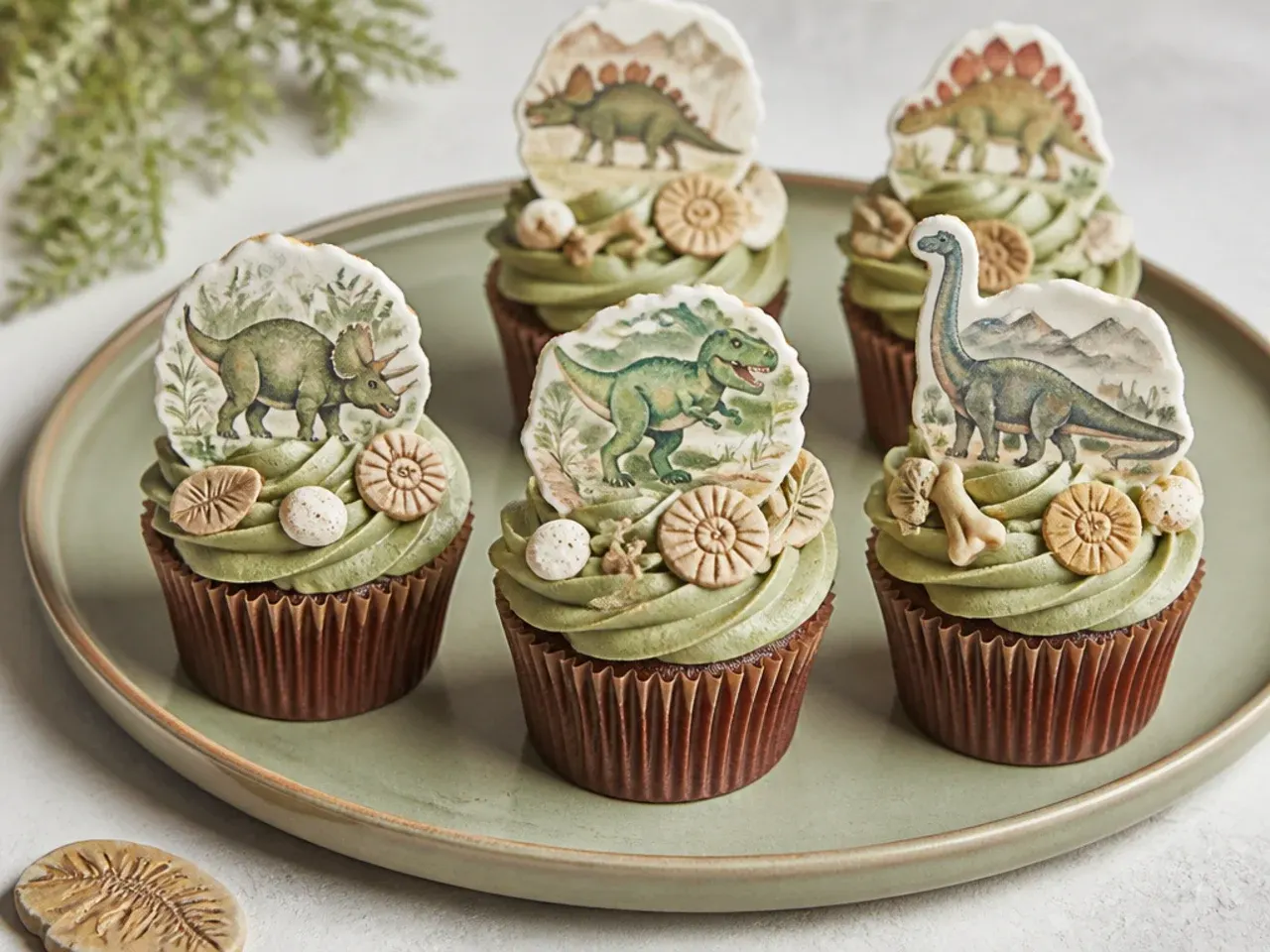 Vintage watercolor dinosaur cupcakes in muted olive with fossil accents