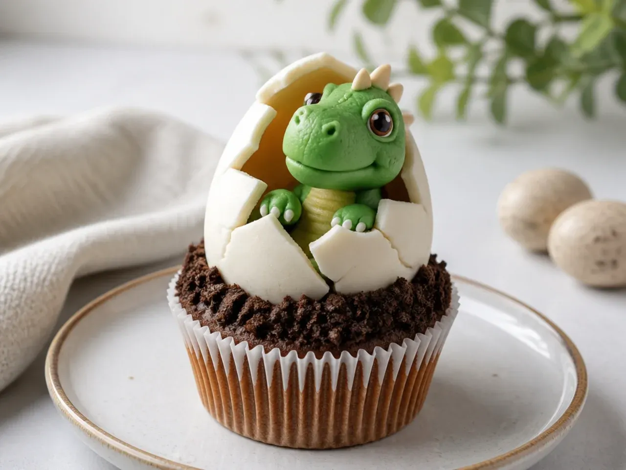 Charming baby dinosaur hatchling cupcakes with a cracked fondant egg