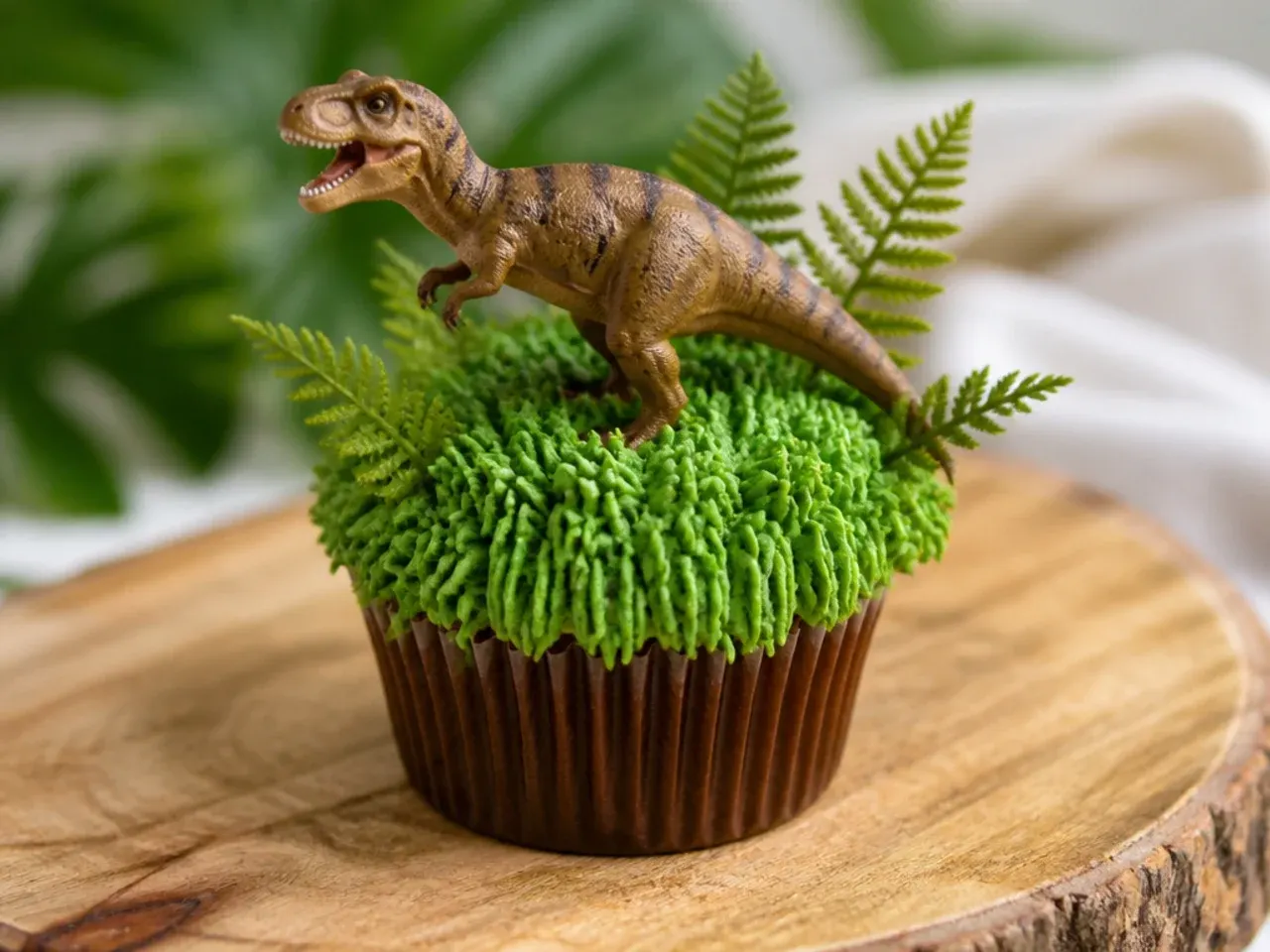 Rustic jungle grass dinosaur cupcakes piped with a grass tip and ferns