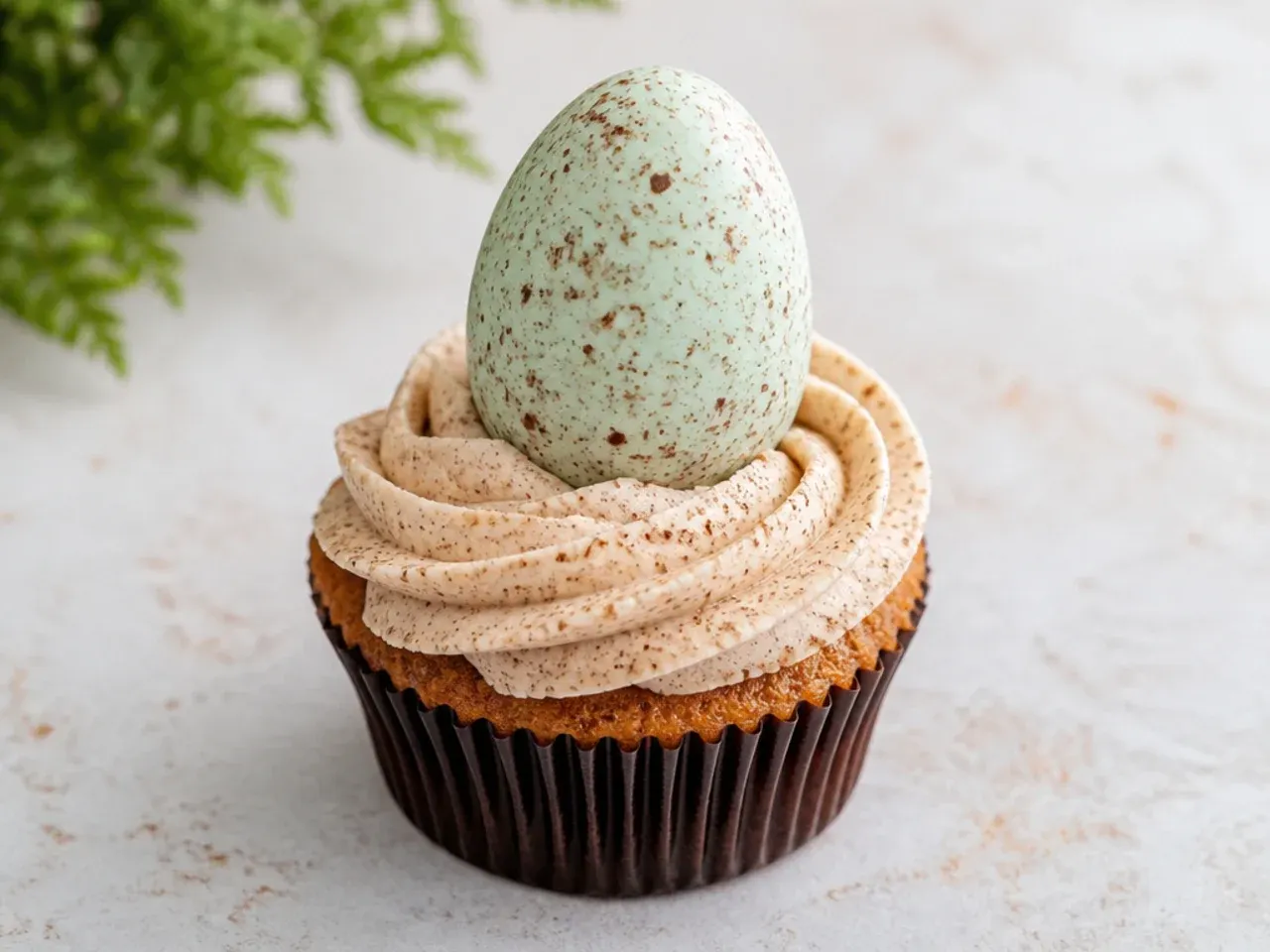 Elegant speckled dinosaur egg cupcakes with brown flecked pastel frosting