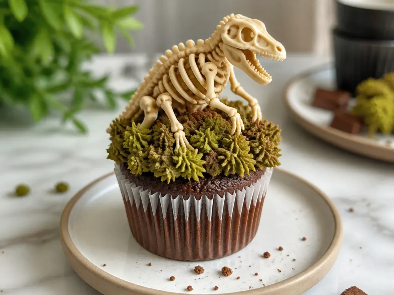Chocolate fudge dinosaur cupcakes with mossy green-brown buttercream