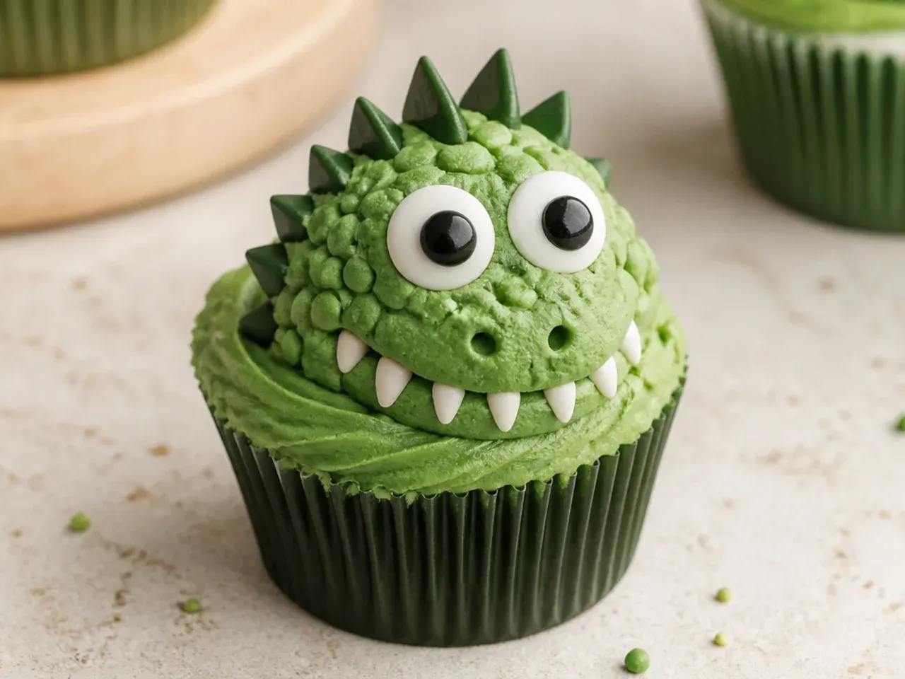 Playful googly-eye dinosaur cupcakes with oversized candy eyeballs